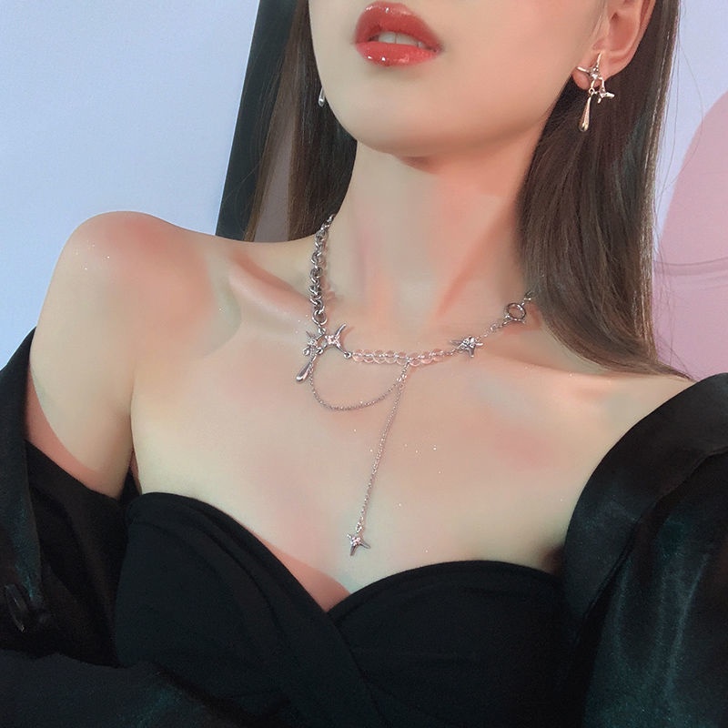 Vòng cổ choker Dodder hình ngôi sao xỏ hạt trong suốt đính đá pha lê tua rua thời trang cho nữ
