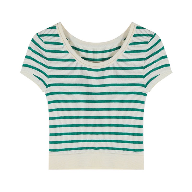 Áo Thun Dệt Kim Cổ Tròn Dáng Ôm Họa Tiết Kẻ Sọc Màu Sắc Tương Phản Thời Trang Cho Nữ