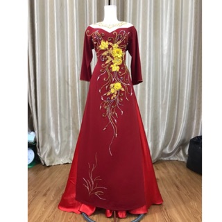 Áo dài mẹ đỏ đô💥FREESHIP💥 Áo dài cao cấp đính kết hoa ren sang cho quý bà