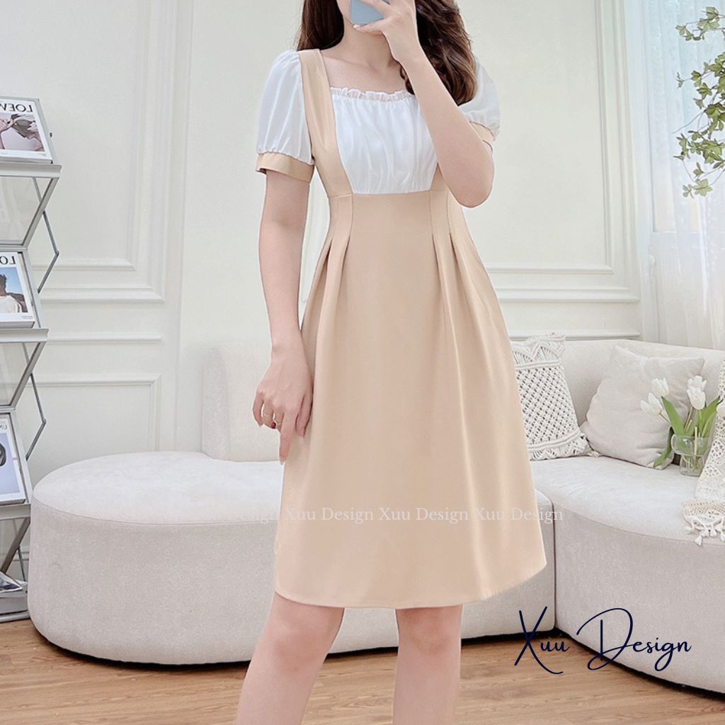 Đầm nữ thiết kế Wexuu kiểu cổ vuông dáng chữ A phối bèo vải tơ mềm mát - V10