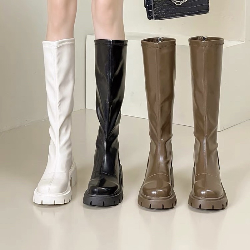 Boots nữ cổ cao dưới đầu gối da bóng đế răng cưa cao 5cm có khoá kéo