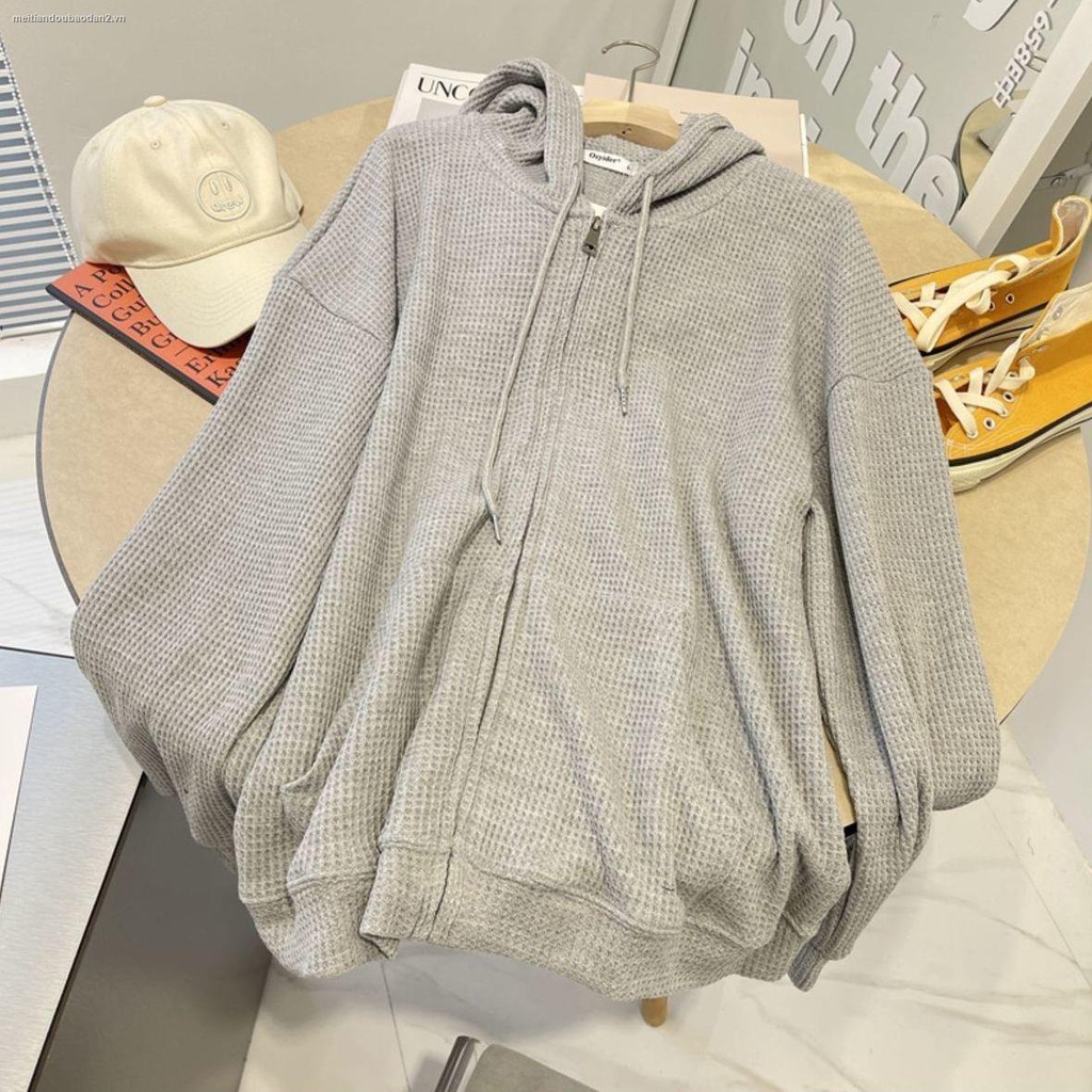 Áo khoác cardigan dáng rộng có mũ trùm phối khóa kéo phong cách Hàn Quốc thời trang thu đông cho nữ