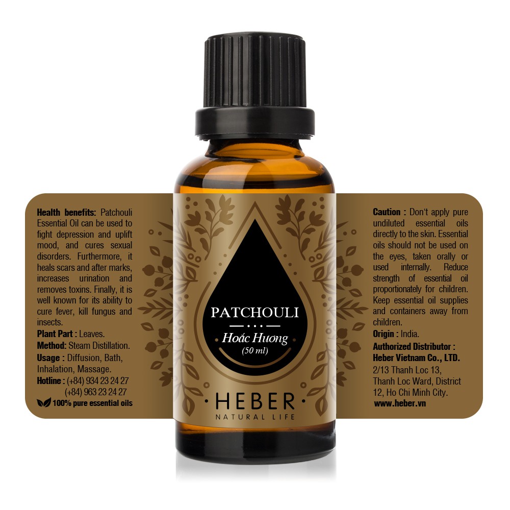 Tinh Dầu Hoắc Hương Heber Natural Life- Patchouli, Cao Cấp Nhập Khẩu, Thiên Nhiên Nguyên Chất, Chai 10ml/30ml/50ml