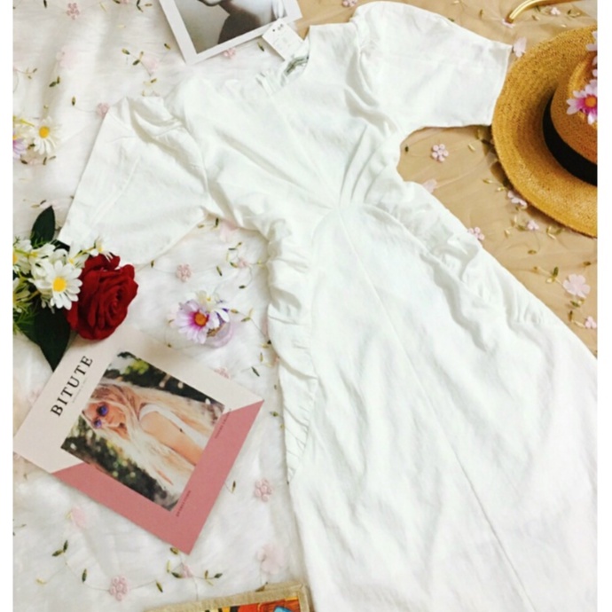 Đầm, váy trắng dáng dài nhún eo đi tiệc đi chơi siêu xinh, phong cách vintage Hàn Quốc