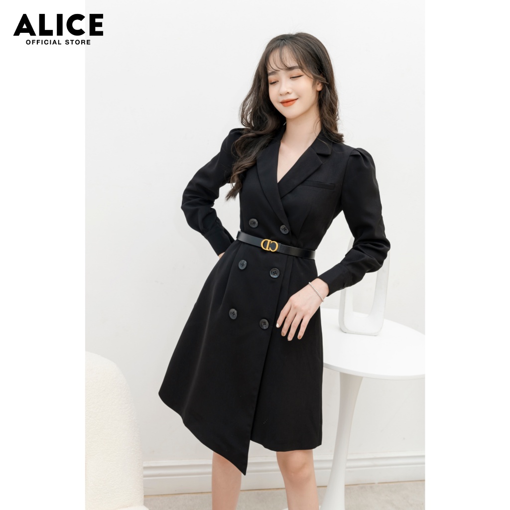 Váy Dài Tay Công Sở Màu Đen ALICE Thiết Kế Trẻ Trung Kèm Belt, Chất Liệu Mango Cao Cấp V726 | BigBuy360 - bigbuy360.vn