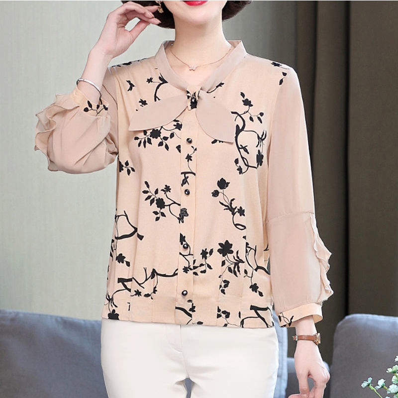 Áo sơ mi chiffon tay dài dáng rộng thời trang cho phụ nữ trung niên