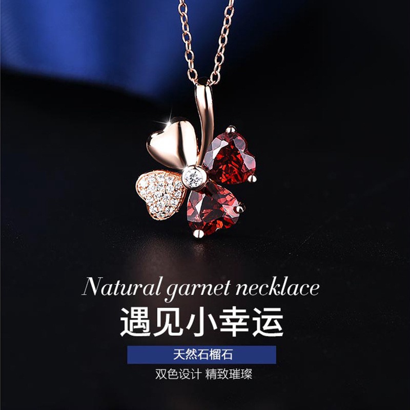 Vòng cổ nữ trang mặt cỏ bốn lá đính đá mã não đỏ thời trang Hàn Quốc 574