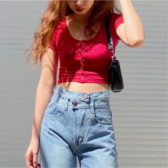 Áo thun gân croptop nút bấm hình thật kèm video