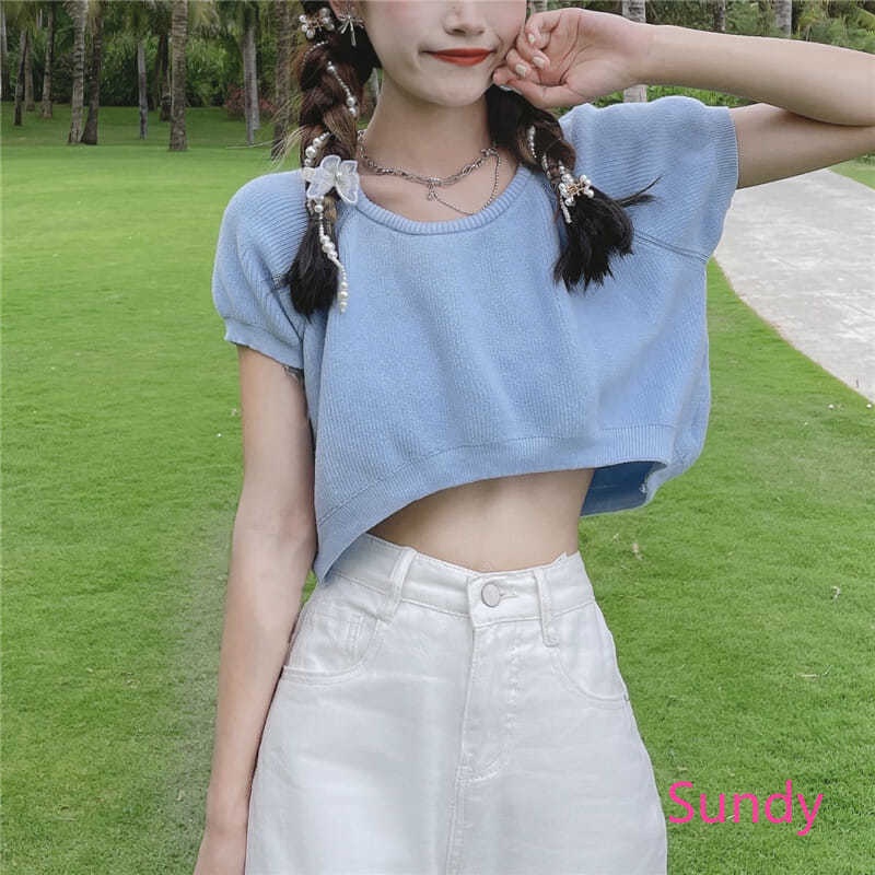 Áo croptop dệt kim ngắn tay thời trang mùa hè Hàn Quốc cho bé gái