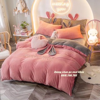 Set chăn ga gối nỉ nhung tai thỏ màu hồng đất phối xám
