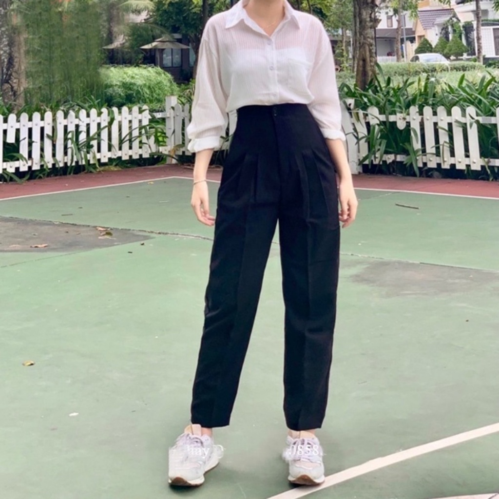 Quần tây nữ lưng cao đi học cạp liền 2 nút khuy cài màu đen ống đứng dáng dài quần baggy nữ sinh vải co giãn làm công sở
