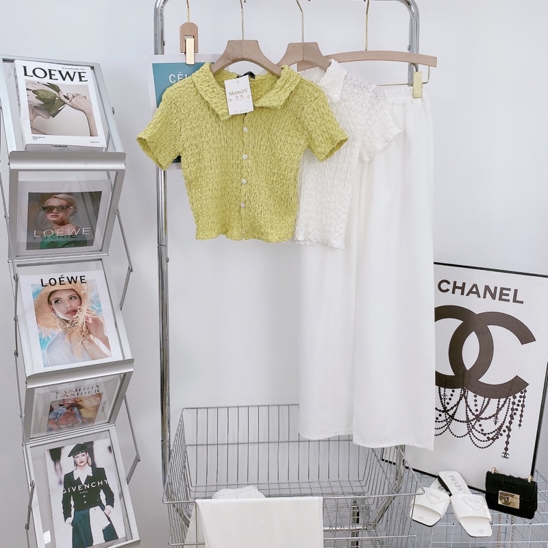 [ 𝐅𝐑𝐄𝐄 𝐒𝐇𝐈𝐏 ] SÉT ÁO CRT MIX QUẦN SUÔNG TRẮNG ÁO LEN XỐP NHĂN QC QUẦN SUÔNG ĐŨI