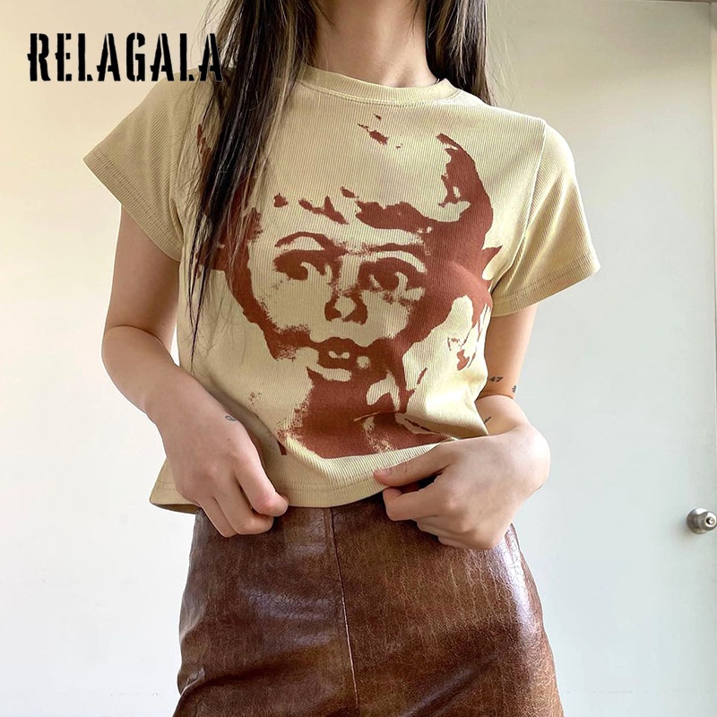 Relagala Áo Thun Dáng Rộng In Họa Tiết Phối Màu Tương Phản Kiểu Retro Thời Trang Cho Nữ