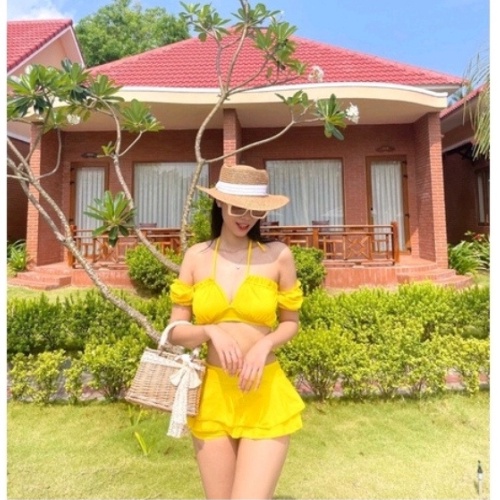 [HÌNH THẬT] Đồ bơi bikini nữ đi biển 2 mảnh tay bồng phối váy Hiền Hồ KONKUN MS77