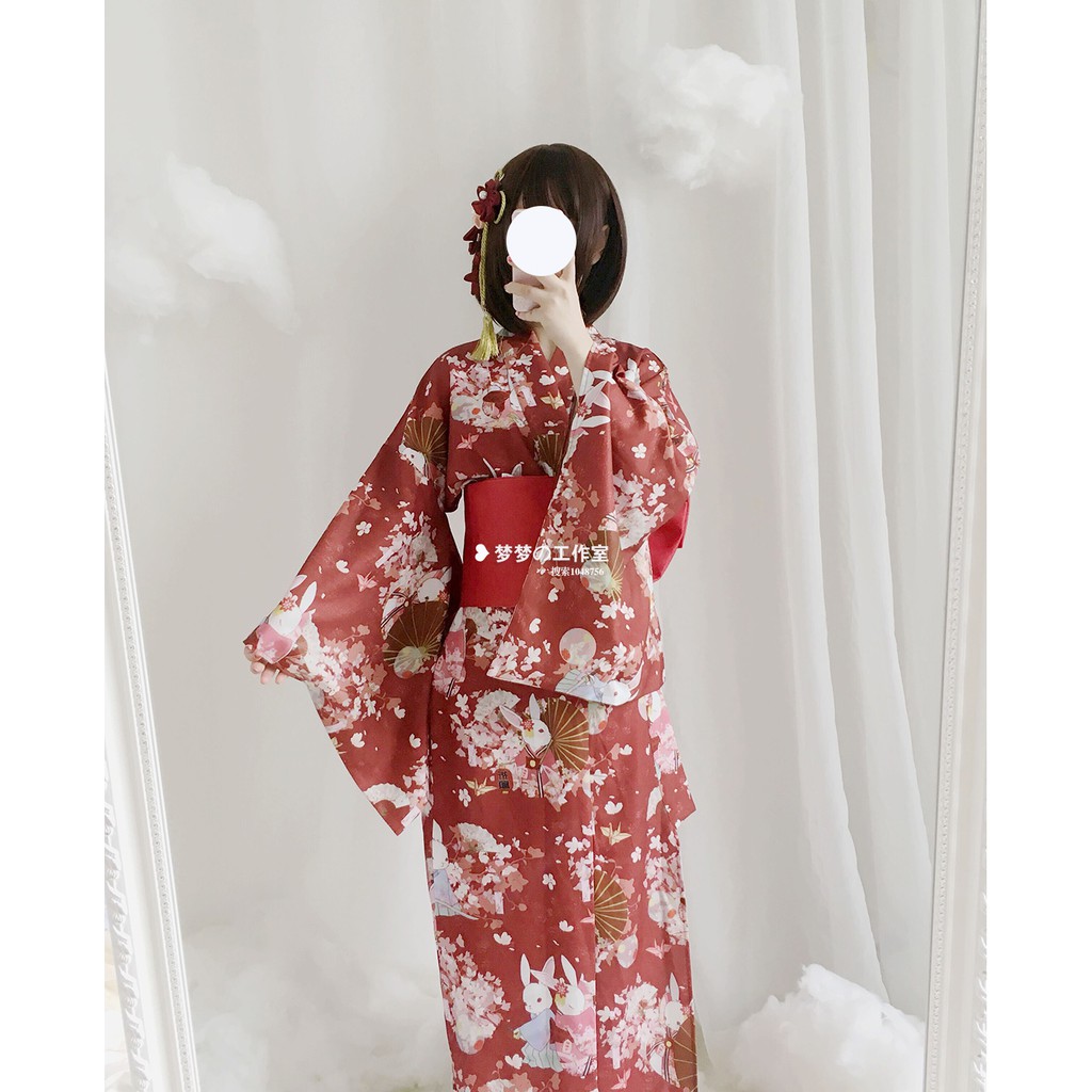 [Kèm ảnh thật] Yukata/ Kimono mùa hè Nhật Bản họa tiết thỏ và hoa anh đào