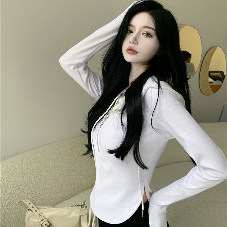 COZOK Áo thun hoodie tay dài phối khoá kéo