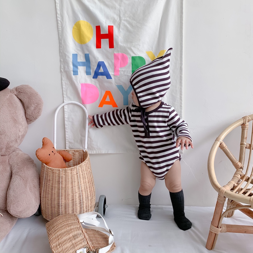 Bộ 2 Món Áo Liền Quần Dài Tay Sọc Ngang + Mũ Dành Cho Bé Sơ Sinh