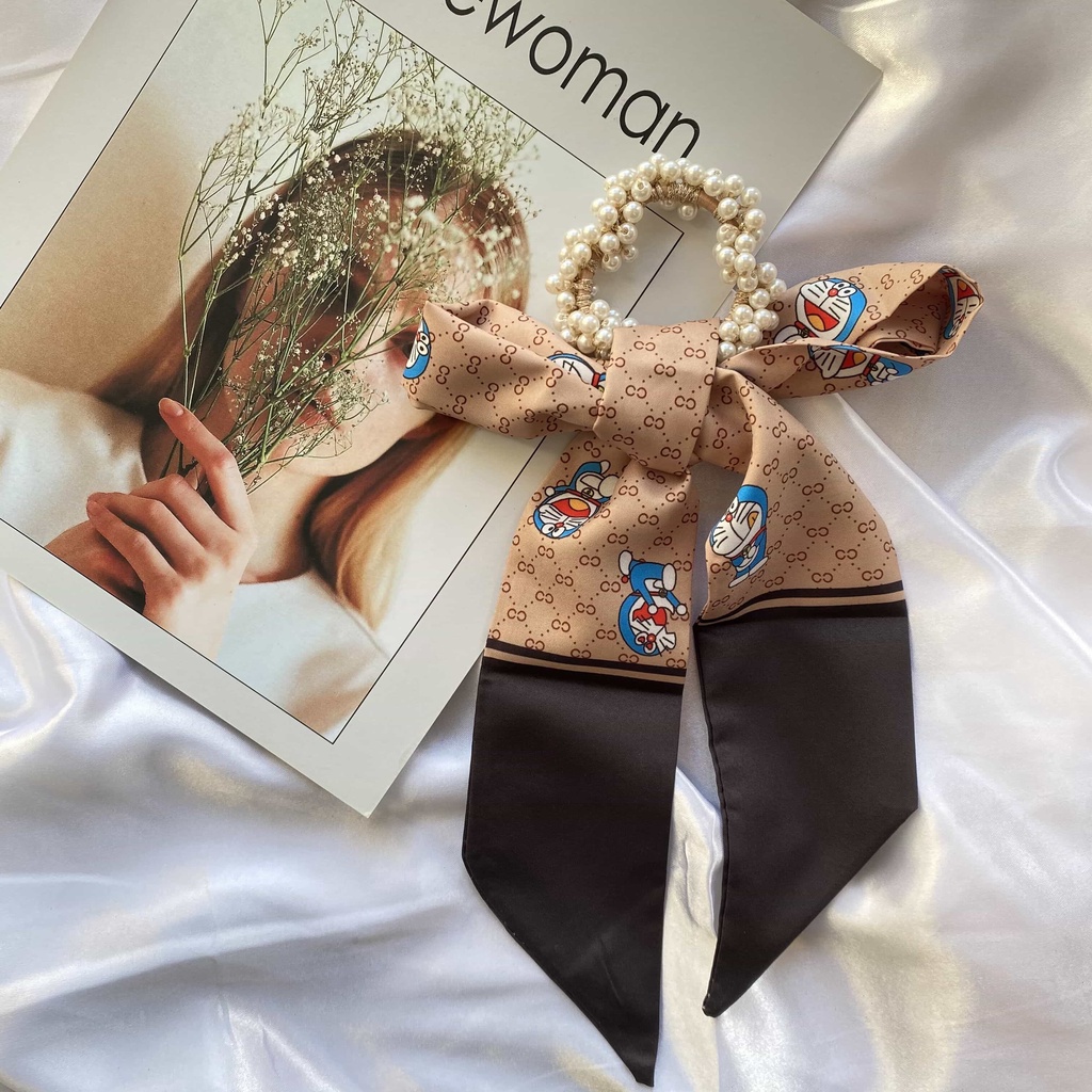 Dây buộc tóc ruy băng co giãn đính ngọc trai phong cách Hàn Quốc 2021 cho nữ