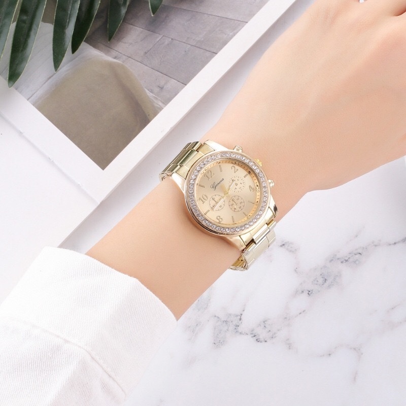 Đồng Hồ Đeo Tay Bằng Hợp Kim Thép Không Gỉ Đính Đá Thời Trang Dành Cho Nữ