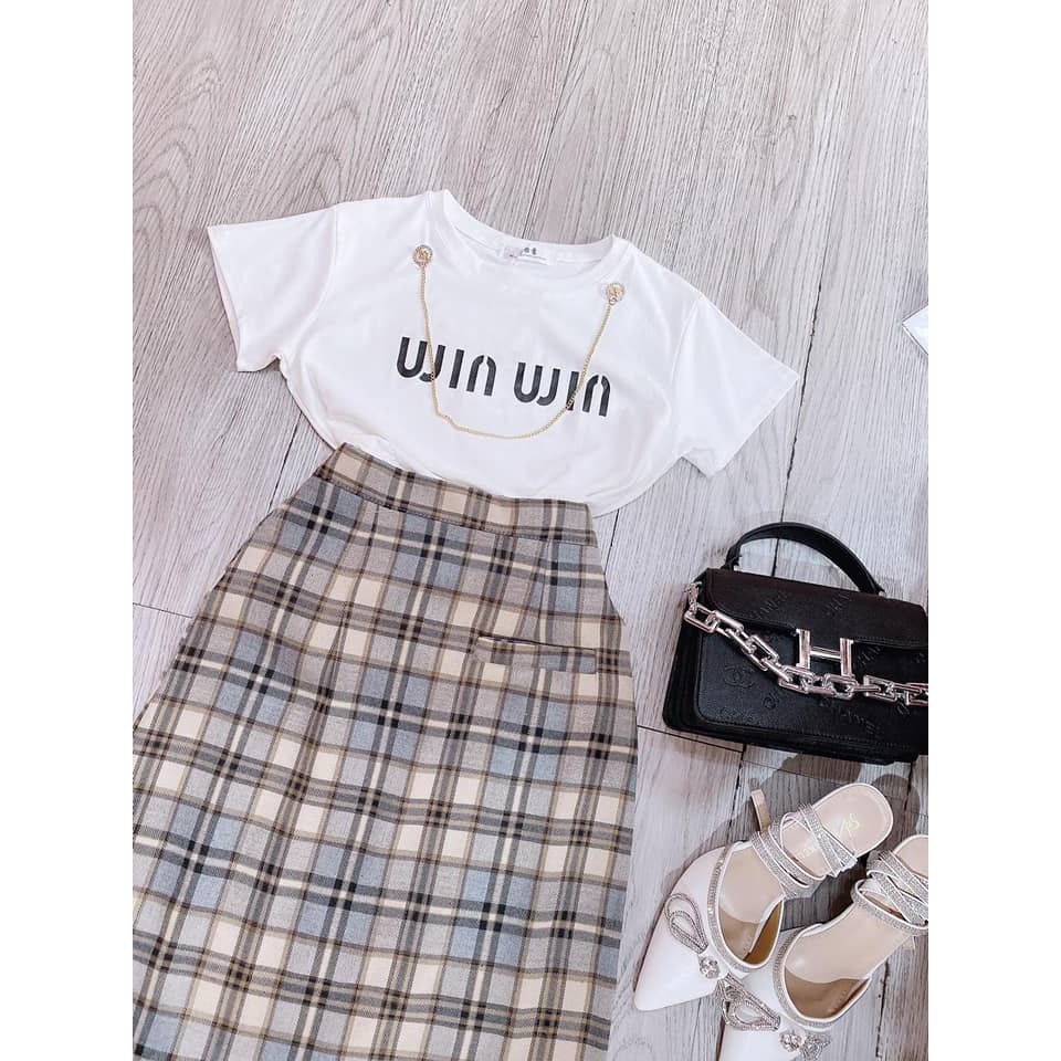 Đồ bộ nữ Set Áo Phông Trắng Cotton L1 Chân Váy kẻ Dài