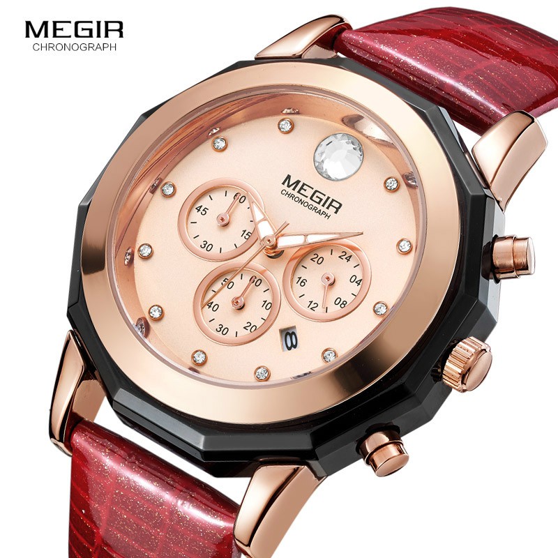 Fashionable Quartz Watches Megir 2042 Women Luxury Chronograph Wrist Watches Red Ladies Wristwatch Genuine Leather Strap Female
