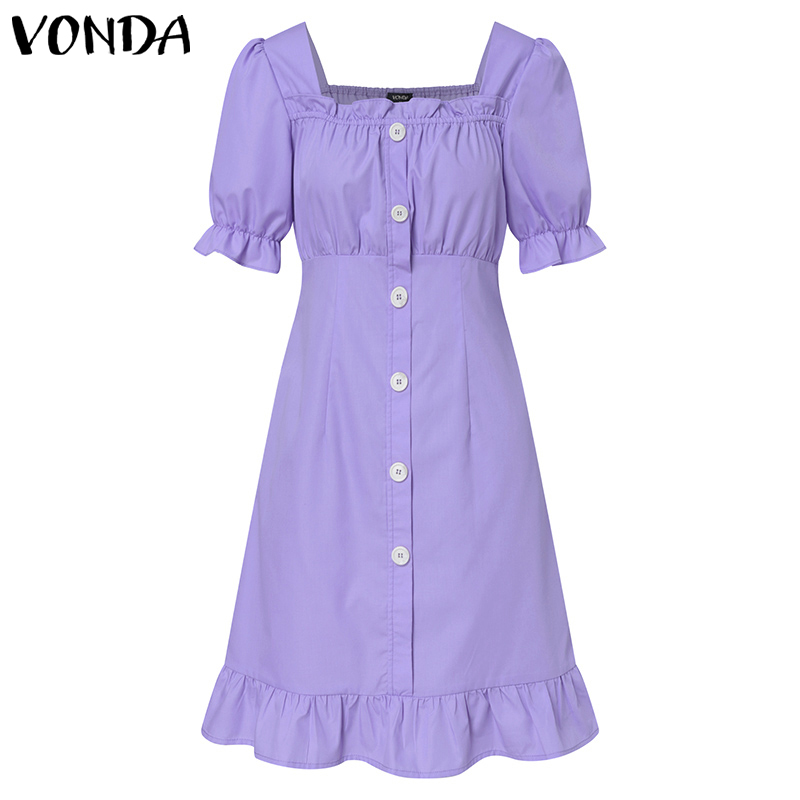 VONDA Women Korean Short Sleeve Square Collar Button Down Holiday Pleated Ruffled Mini Dresses