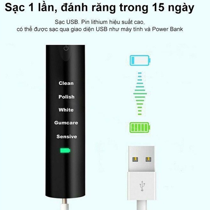Bàn chải đánh răng, Bàn chải điện công nghệ rung sóng âm cao cấp tặng kèm 4 đầu bàn chải