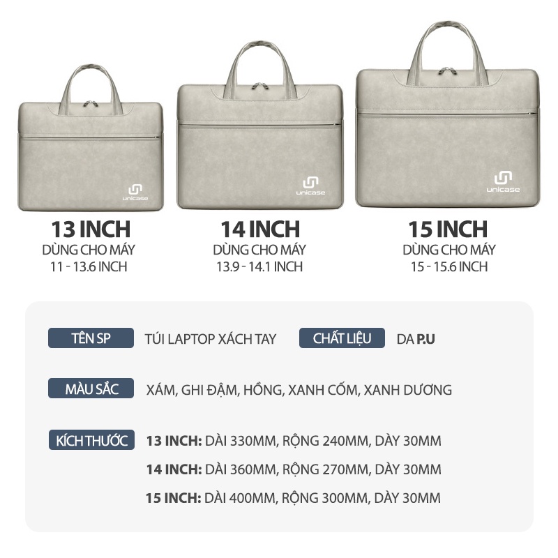 Túi xách laptop chống sốc thời trang Unicase da PU 13 14 15 inch - có quai đeo