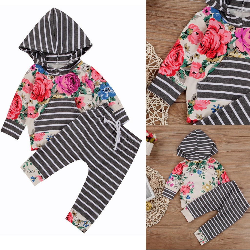 Set Áo Hoodie + Quần Dài In Hoa Dễ Thương Cho Trẻ Sơ Sinh