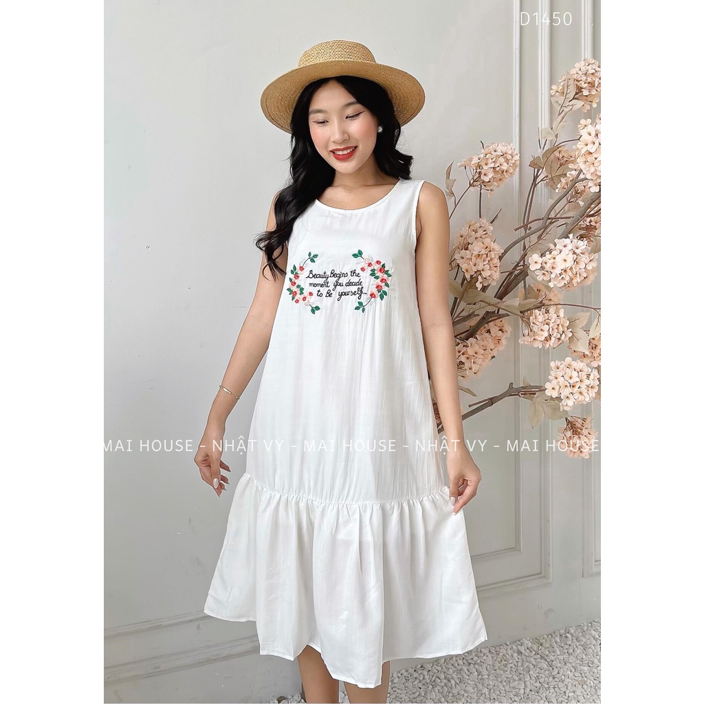 Đầm Đi Chơi NHẬT VY Sát Nách Thêu Chữ Dáng Suông Đuôi Cá Chất Vải Tơ Xước Màu Vàng, Trắng - D1450