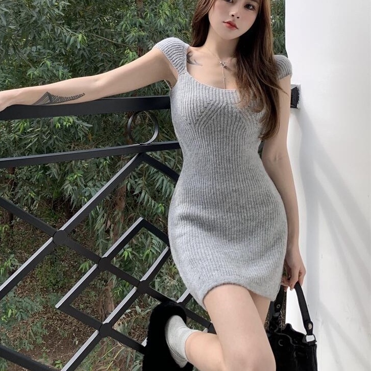 Đầm Dệt Kim Ôm Dáng Màu Xám Phong Cách Mới Mùa Hè Gợi Cảm Cho Nữ