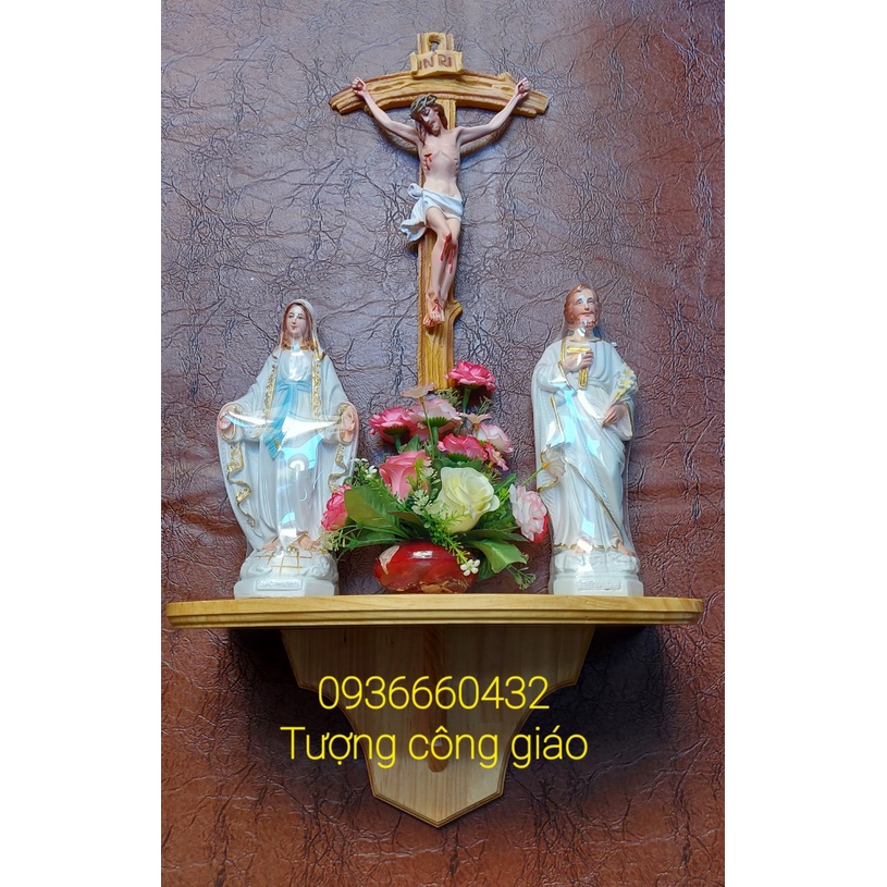 BỘ BÀN THỜ GỖ  TƯỢNG MẸ VÀ THÁNH CAO 30CM, THÁNH GIÁ CHÚA CAO 40CM MÀU TRẮNG(COMBO BÀN THỜ SIZE 30CM MINI