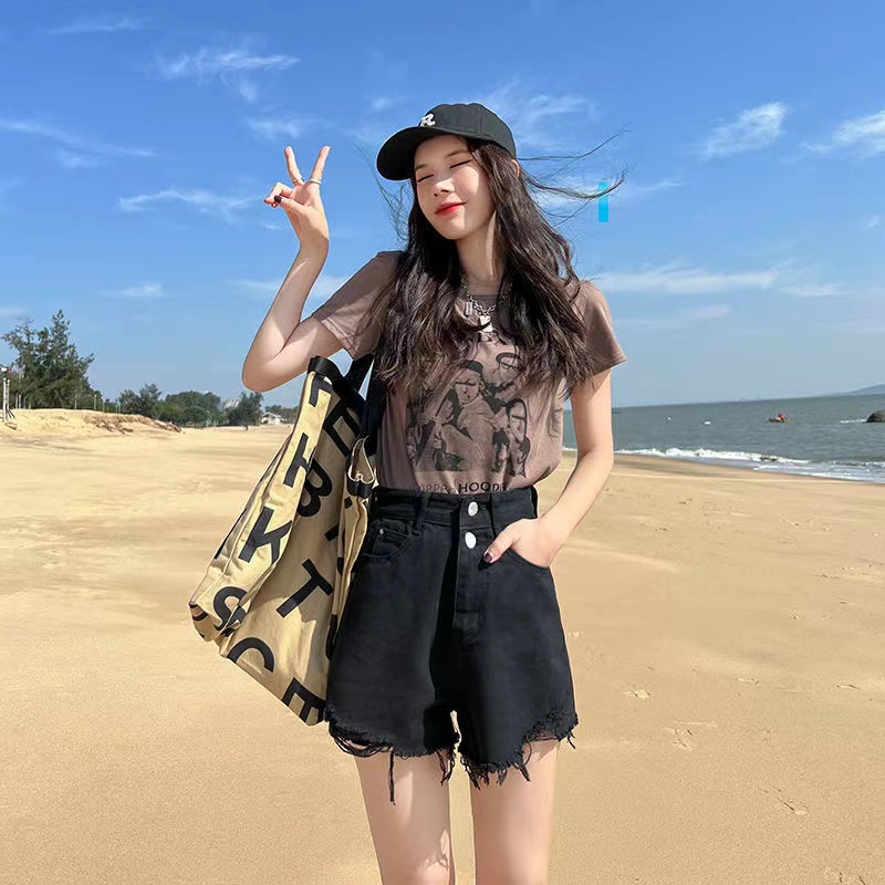 Quần short lưng cao ống rộng màu trơn phối rách thời trang Hàn Quốc cho nữ