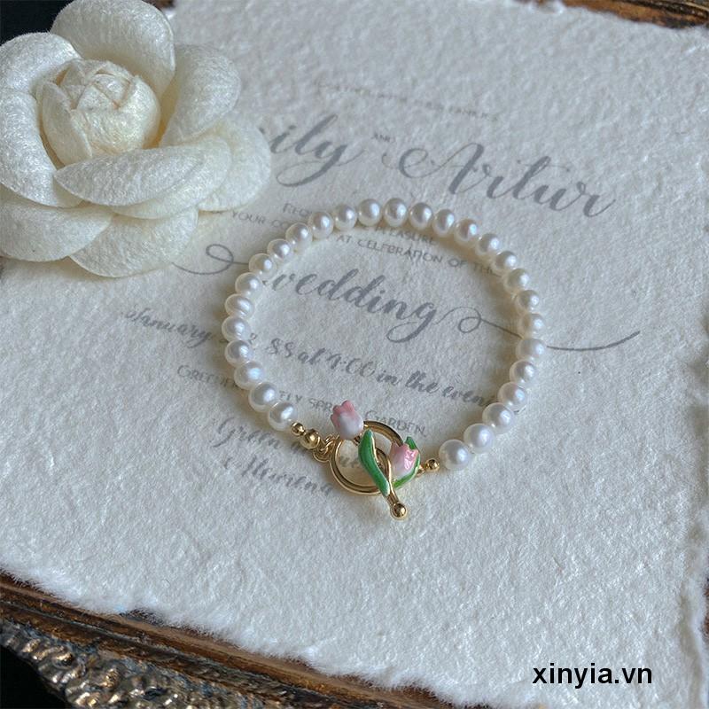 Vòng Tay Hoa Tulip Đính Ngọc Trai Giả Cao Cấp Sang Trọng Cho Nữ