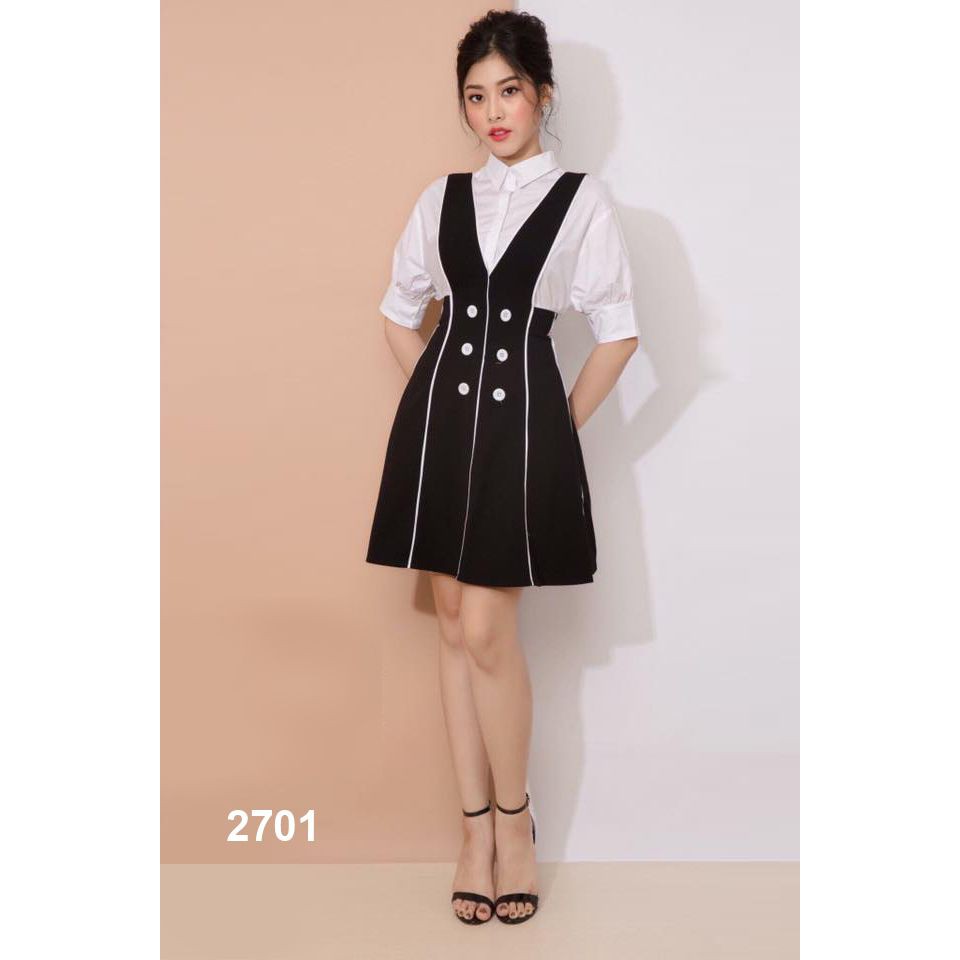 Set Đầm Xòe Đen Phối Áo Sơ Mi Trắng Tay Lỡ Dễ Thương