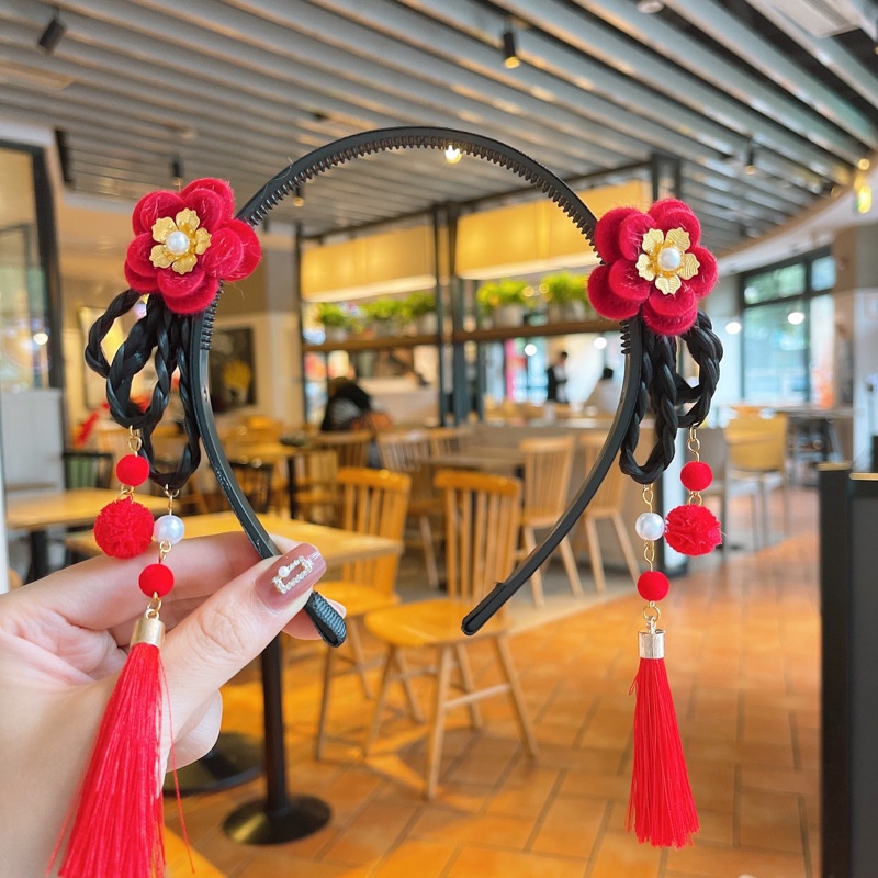 Oio Cài Tóc Hoa Giả Màu Đỏ Phối Tua Rua Kiểu Trung Hoa Năm Mới Cho Bé Gái