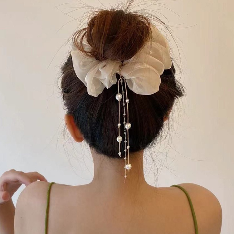 Dây buộc tóc lụa trang trí ngọc trai giả phong cách Hàn Quốc thanh lịch xinh xắn