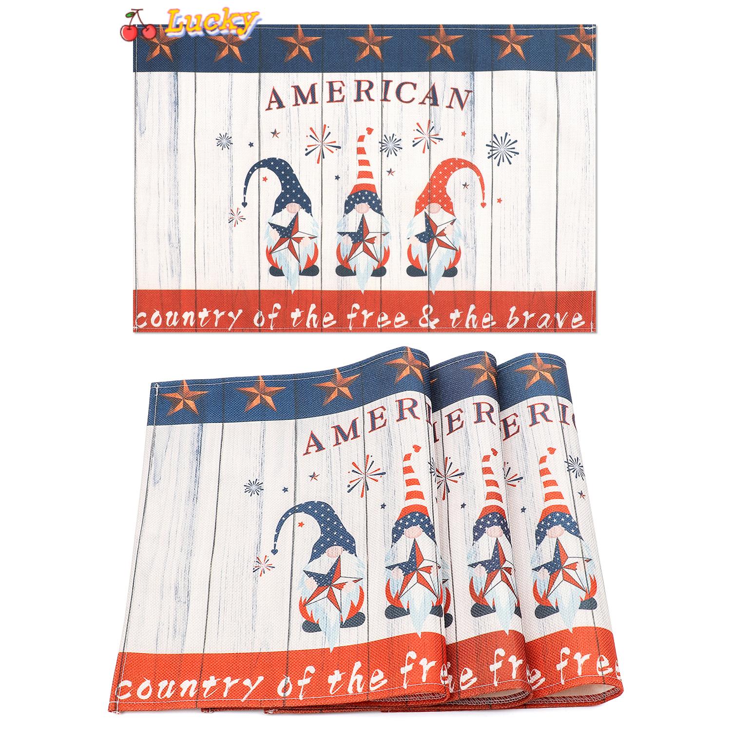 LUCKY 4pcs Party Decorations Gnome Placemats Washable Cotton and linen Placemat Table Mats Non-Slip Heat Resistant Fast Dry Kitchen Dining 4th of July Memorial Independence Day