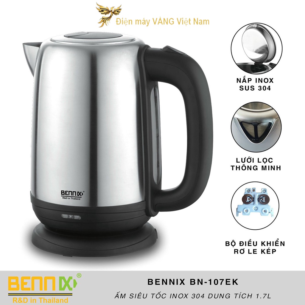 Ấm đun siêu tốc inox cao cấp Bennix BN-107EK 2200W bảo hành 12 tháng chính hãng