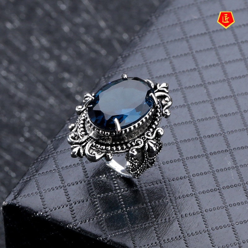 (Hàng Có Sẵn) Nhẫn Xi Mạ Bạc 925 Đính Đá Topaz Xanh Phong Cách Retro Âu Mỹ