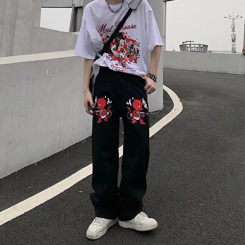 Quần Jogger Denim Cotton In Họa Tiết Evil Gun Phong Cách Harajuku 2023 Cho Nam