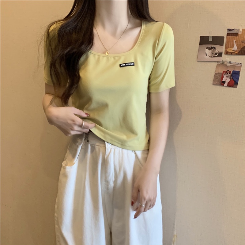 SUXI Áo Thun Tay Ngắn Cổ Vuông Màu Sắc Đơn Giản Cho Nữ