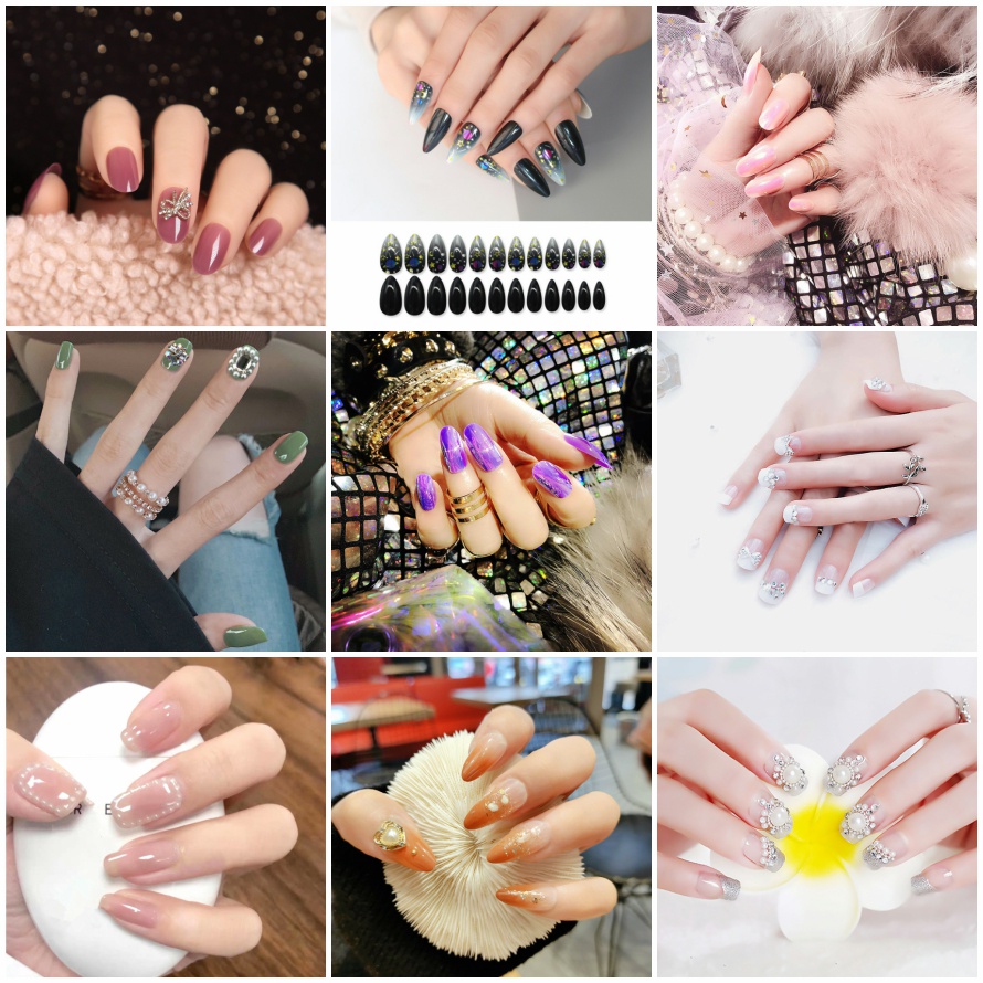 24 Móng giả màu đỏ đính đá ngọc trai giả thời trang kèm keo dán