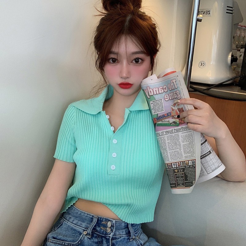 Áo Thun Dệt Kim Ngắn Tay Cổ Bẻ Màu Trơn Thời Trang Cho Nữ
