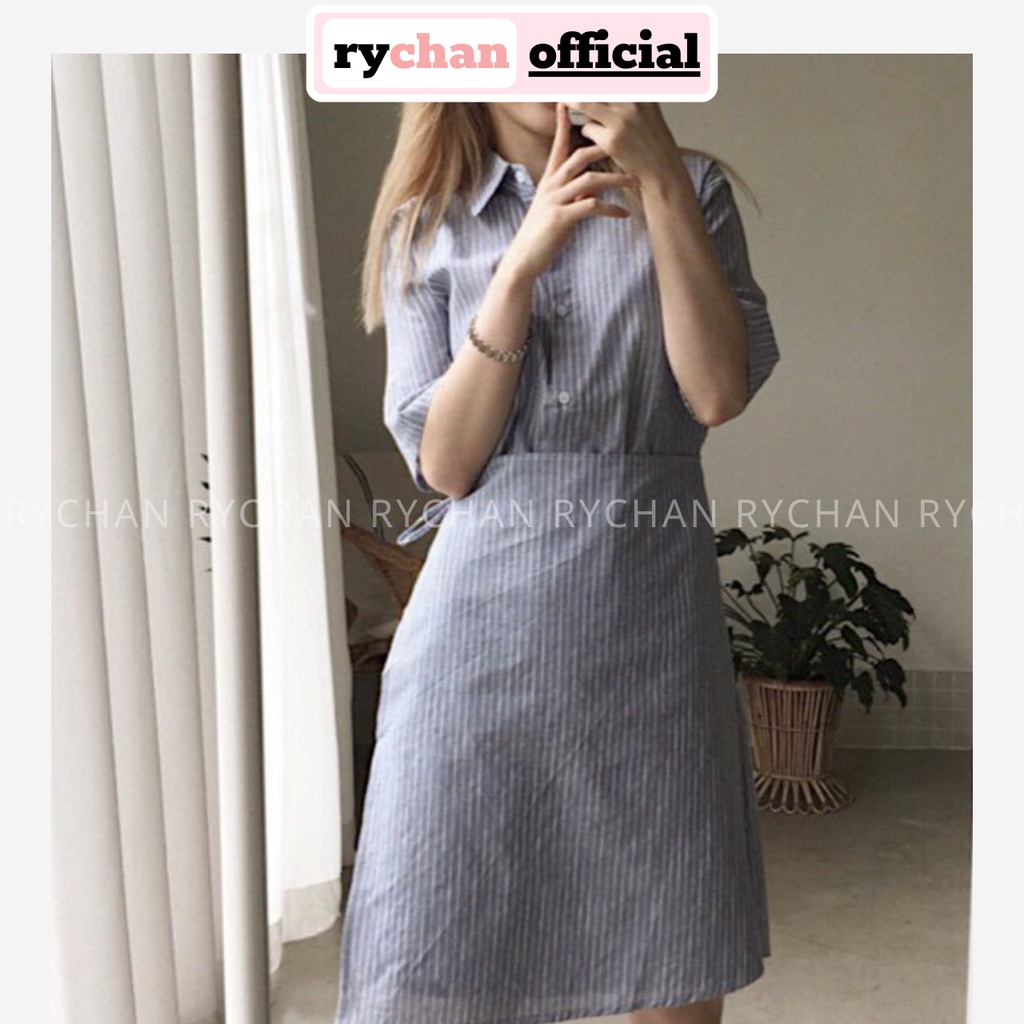 [ẢNH THẬT CUỐI] DX662 - Đầm Xòe Sơ Mi Sọc Đen Đắp Chéo Tà