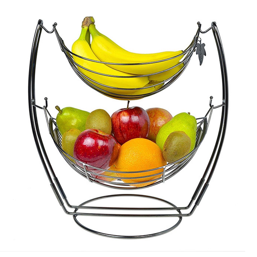 Swinging Metal Fruit Vegetable Bowl Basket 2 Tier Rack Storage Stand Holders