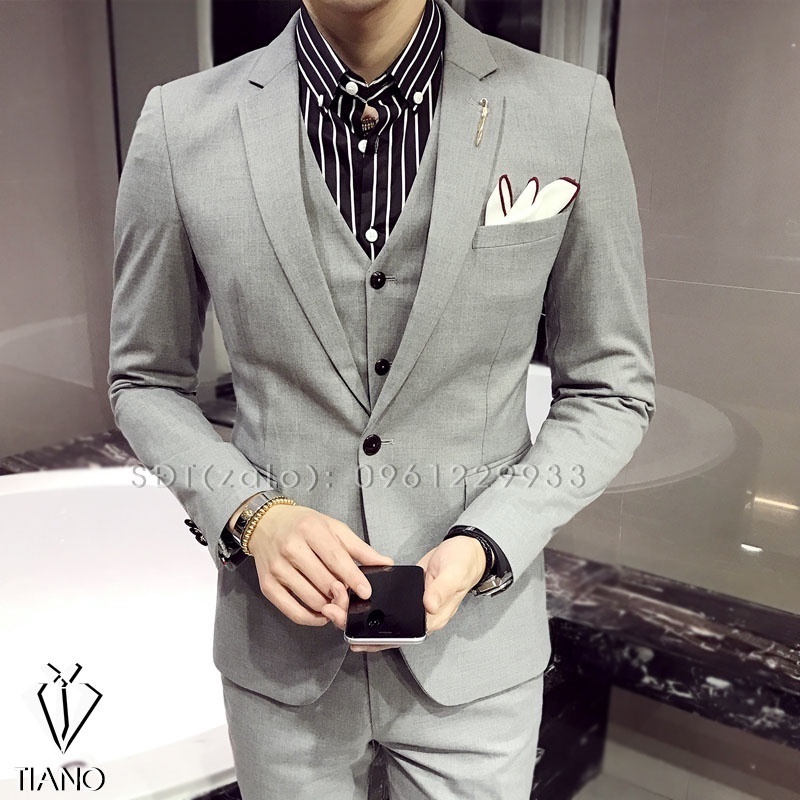 Vest nam cao cấp màu GHI XƯỚC 1 cúc kiểu dáng Hàn Quốc, form ôm đẹp. Vải 79 - 2 lớp cao cấp.