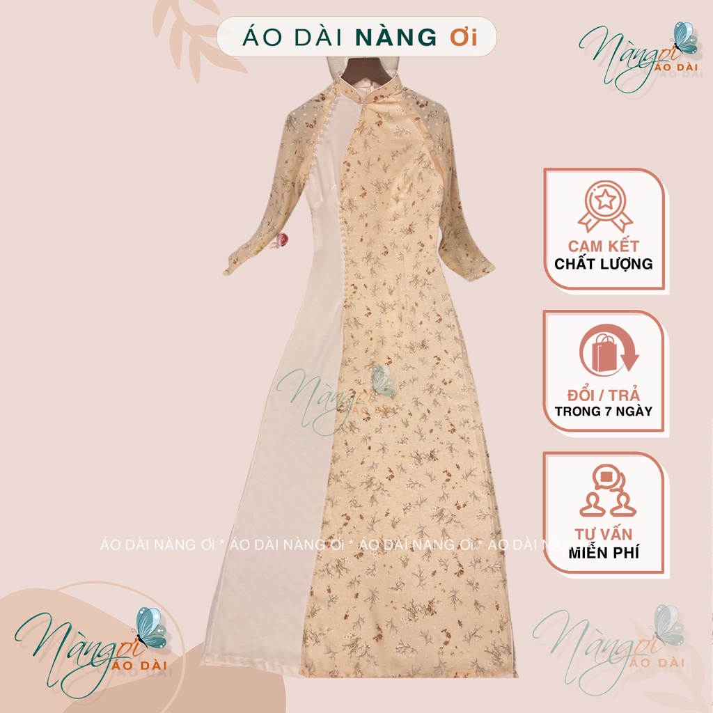 Áo Dài 4 Tà Hoa Nhí Truyền Thống May Sẵn Lụa Tơ Hoa Da Vàng Đẹp Đính Ngọc Cao Cấp