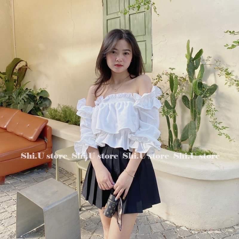 Áo trễ vai bánh bèo 2 tầng dáng xòe tiểu thư/ Áo kiểu nữ tay phồng dáng crt 3 màu dễ phối đồ_xuongmaythuhien