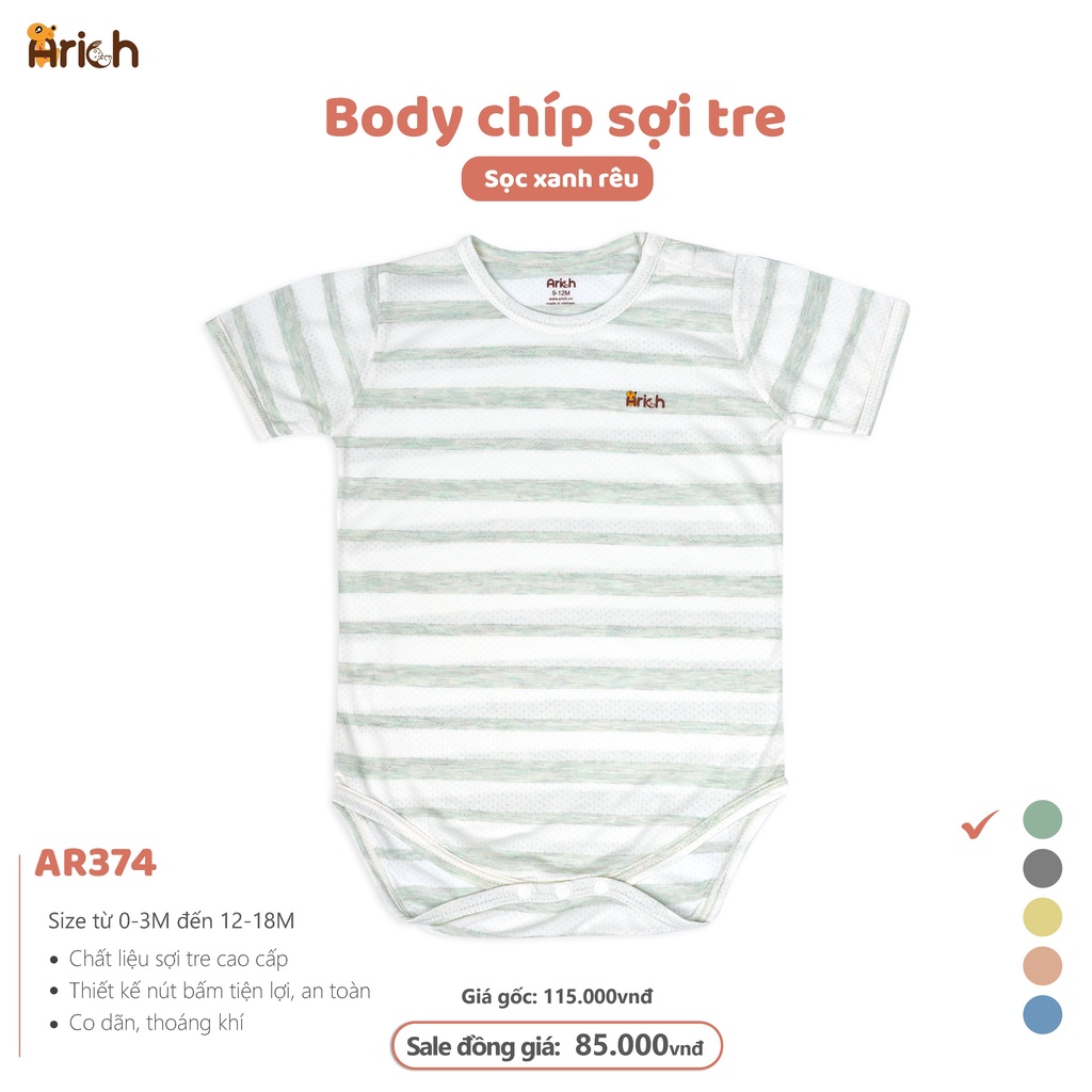 Bộ body chíp cộc tay vải sợi tre phối sọc Arich, sơ sinh (newborn) đến 18 tháng